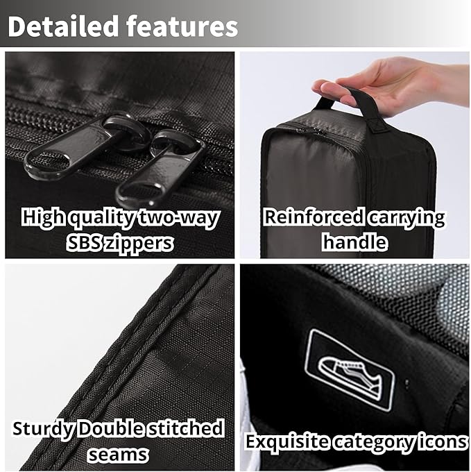 tianzong Travel Shoe Bag with Handle Holds 2 Pairs of Shoes, Shoe Packing Cubes for Travel (Black, 2 Pack)