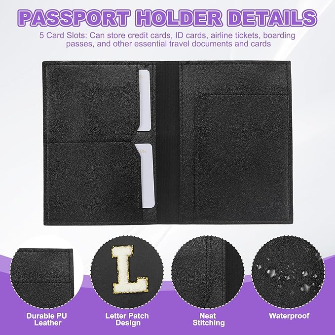 PATIKIL Passport Holder for Travel, Initial Passport Cover and Luggage Tag Set with Alphabet Chenille Letter Patch Travel Wallet Bag Suitcase Identifier for Women Family Travel Black L