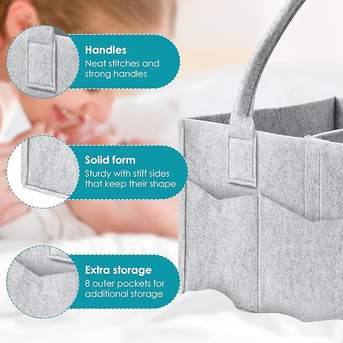Cute Castle 4 Pack Diaper Caddy Organizer - Portable Baby Caddy Organizer with Handle, Nursery Storage Bin and Car Organizer for Girls, Boys - Baby Gift Basket - Grey