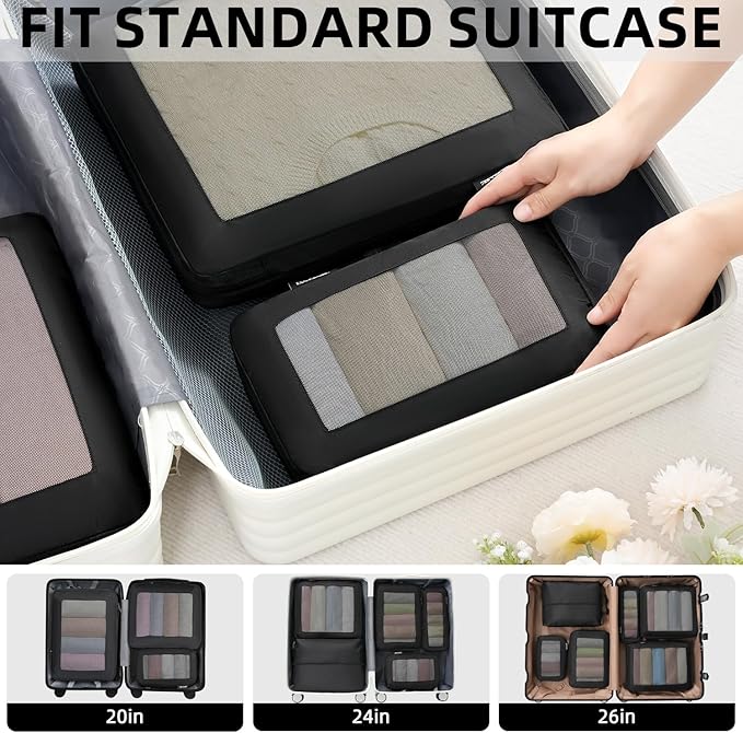 BAGAIL 4 Set/6 Set/8 Set Compression Packing Cubes Travel Accessories Expandable Packing Organizers (Square Mesh, 05-Jet Black)