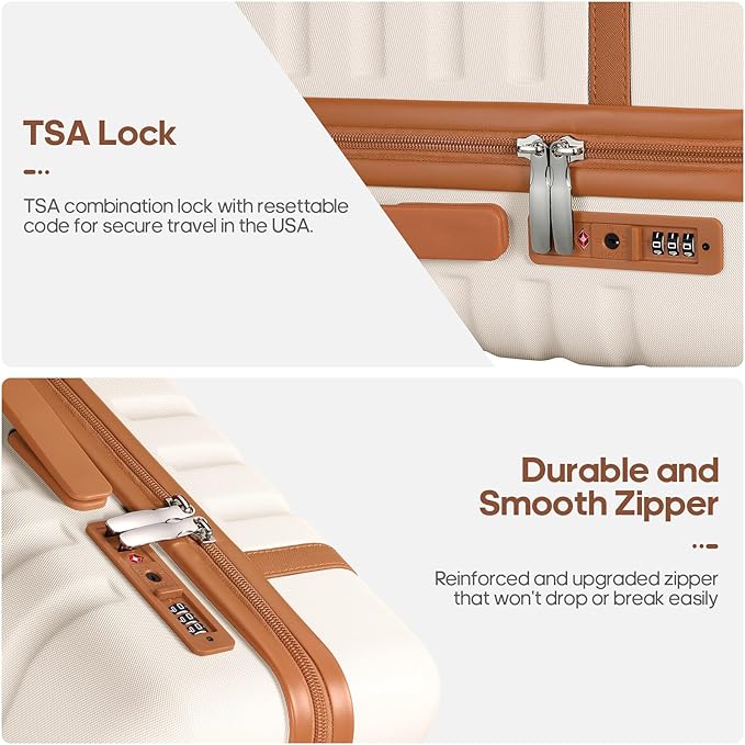 UKEIN Luggage Sets 3 Piece, PC Hardside Large Luggage 24Inch With Spinner Wheels with TSA Lock, Carry On Suitcase Set With Travel Backpack for Men (Beige, 3 piece set (24inch))