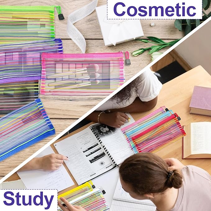 Mesh Bags with Zipper (40 Pack), Small Nylon Makeup Bag Cosmetic Pouches Travel Organizer for Purse Diaper Bag Home Organizing Striped Mix 10 Colors