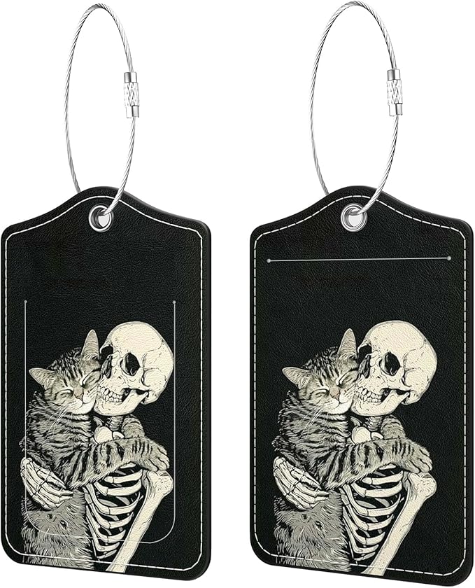 2 Pack PU Leather Luggage Tags for Suitcases, Privacy Protection Cover with Stainless Steel Loop and Address Card, Travel Cruise Essentials (Cat Skull)