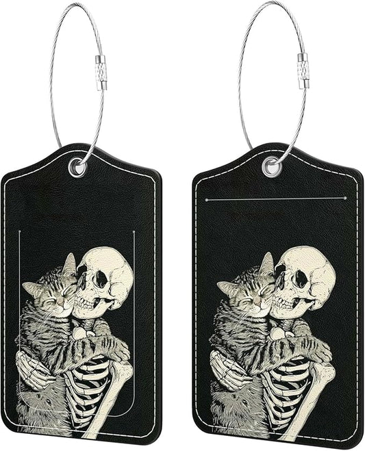 2 Pack PU Leather Luggage Tags for Suitcases, Privacy Protection Cover with Stainless Steel Loop and Address Card, Travel Cruise Essentials (Cat Skull)