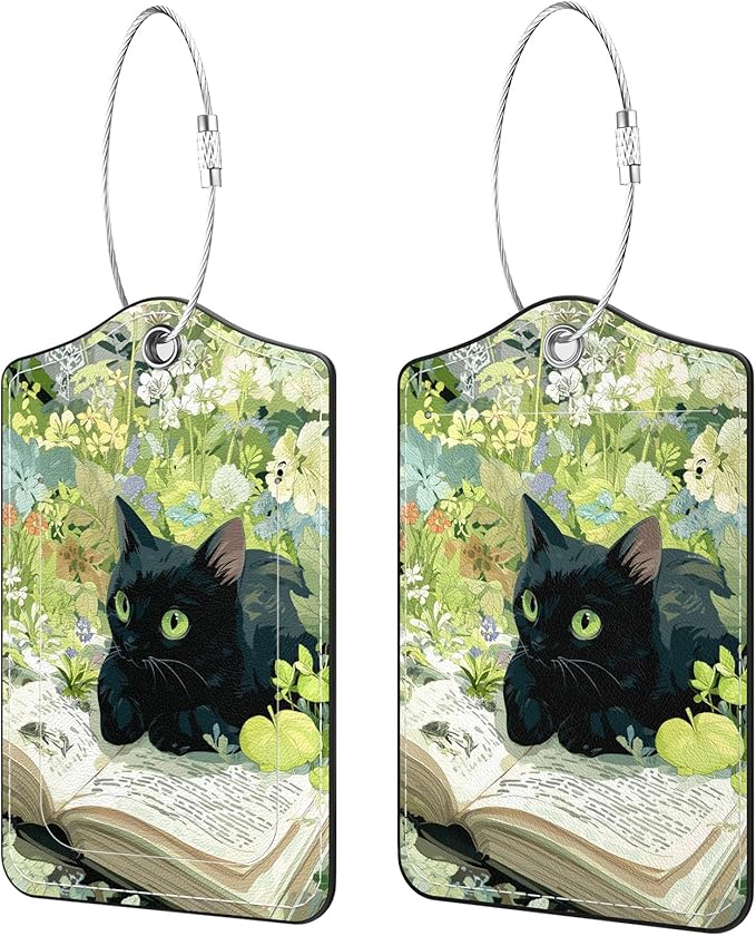 2 Pack PU Leather Luggage Tags for Suitcases, Privacy Protection Cover with Stainless Steel Loop and Address Card, Travel Cruise Essentials (Flower Book Cat)