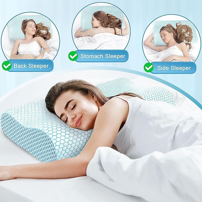 CloudBliss Memory Foam Pillow, Ergonomic Neck Contour Cervical Pillow for Back and Shoulder Pain, Orthopedic Pillow for Neck Pain Relief, for Sleeping Side, Back, Stomach Sleepers - Blue, Queen