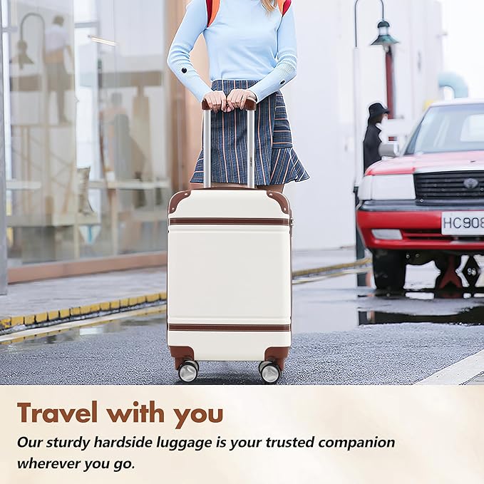 Merax 28 Inch Checked Luggage, Expandable Suitcase with Spinner Wheels, Hard Shell Vintage Luggage Set with TSA Lock(White)