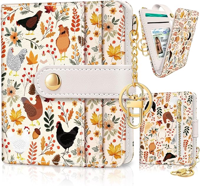 Jogjam Chicken Mushroom Leaves Rfid Women Wallet, Small Slim Thin Compact Credit Card Wallet, PU Leather Bifold Cash Wallet, Zipper Coin Pocket ID Window, Female Ladies Holiday Gifts