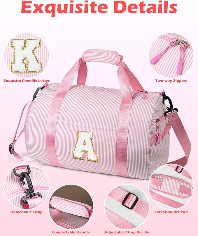 Girly Trendy Stuff, Girls Travel Duffle Bag, Kids Initial Overnight Bags with Shoe Compartment, Personalized Weekender Bag with Makeup Pouch, Holiday Gift for Grandkids (Letter V)