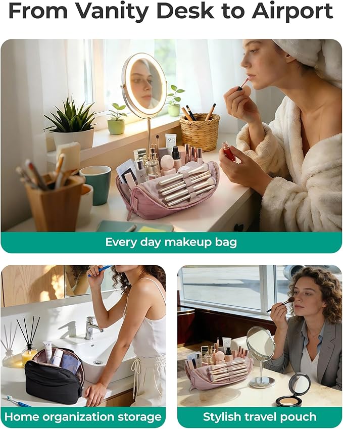 BAGSMART Travel Makeup Bag for Women, Portable Fold-down Cosmetic Case, Puffy Padded Make Up Organizer Pouch, Water-resistant Toiletry Bag for Toiletries, Brushes (Brown)