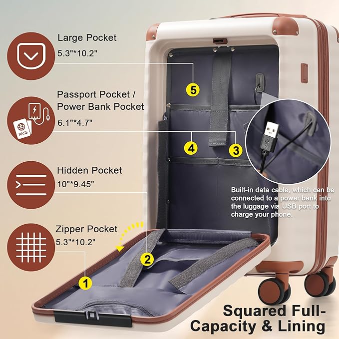 Merax Luggage Sets Front Opening, 3 Piece Hardshell Suitcase with Spinner Wheels and Bags,Lightweight Carry on Luggage with USB Port and Cup Holder,20+24+28,White and Brown