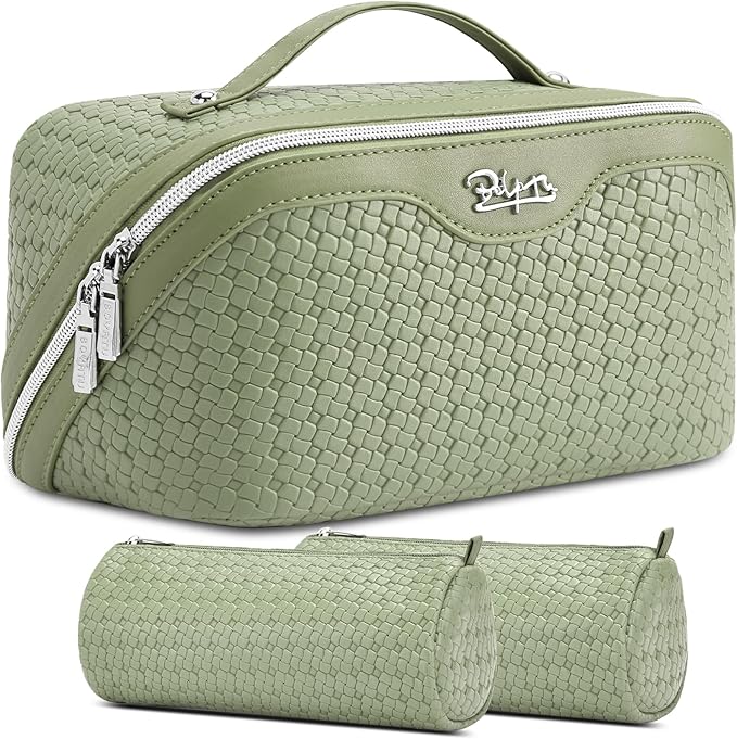 BOYATU Travel Makeup Bag Cosmetic Bags for Women: Large Capacity 3 Pcs Set Make up Bag with Compartments - Waterproof Vegan Leather Toiletry Organizer Bags with Handle (L51Grass Green)