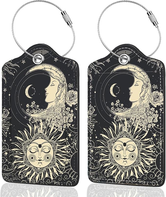 2Pack Luggage Tags for Suitcases, Cute Unique Pu Leather Cruise Luggage Tag with Privacy Cover ID Label Address Card and Metal Ring Suitable for Women Men Kids Travel Bag Sun, Moon, Face and Flower
