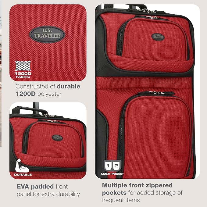 U.S. Traveler Rio Lightweight Softside Rolling Carry-on Suitcase, 2-Wheel Single, Red