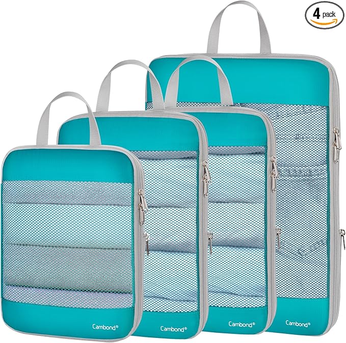 Cambond See Through Mesh Compression Packing Cubes - 4 Piece Expandable Space Saving Packing Cubes for Travel, Lightweight Travel Bags Luggage Packing Organizer Essentials for Suitcases, Lake Blue