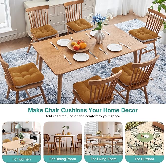 BETU Chair Cushions for Dining Chairs Set of 6,3.5" Thick Kitchen Table Chair Pads with Ties,Non Slip Backing and Covers, Seat Cushion for Dining Room,Bar,Patio Chairs,16"X16"X3.5",Caramel