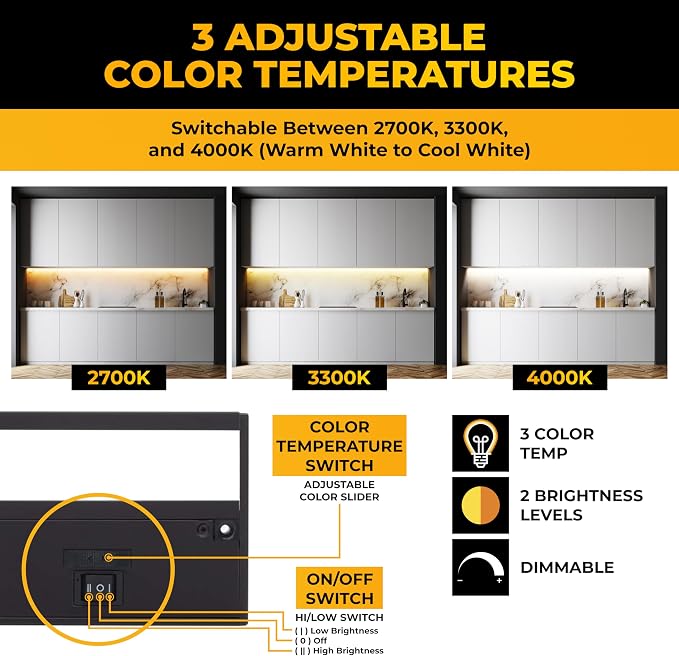LED Under Cabinet Lighting Hardwired - 40 Inch Black | 3CCT, Dimmable, Low-Profile, Linkable Fixture, Plug-In Option & Hi/Low Brightness Control