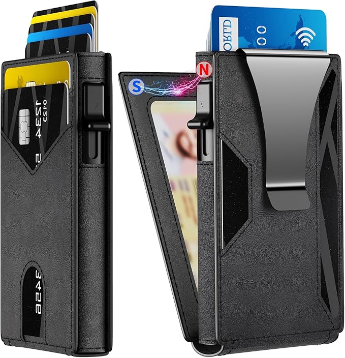 Wallet for Men Aluminum RFID Blocking-Metal Smart Pop-Up Credit Card Holder with 2 ID Windows, Holds 8-10 Cards,Bifold Security Front Pocket Wallet & Money Clip,Men's accessories (Black)