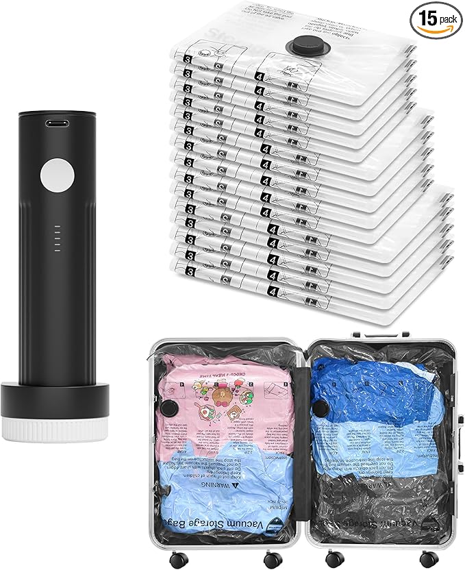 Vacuum Bags for Travel with Rechargeable Pump, 15 Combo (5L/5M/5S) Compression Packing Seal Bags for Luggage Suitcase, Space Saver for Clothing and Clothes Storage Travel