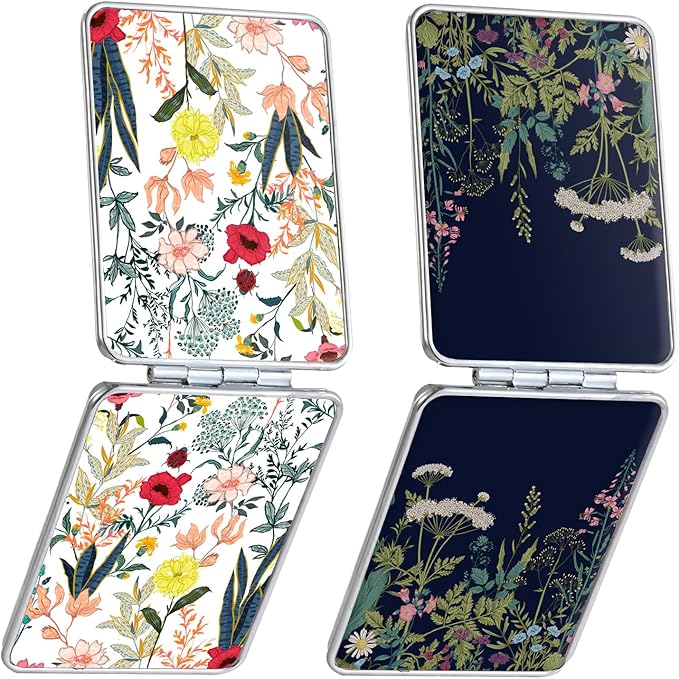 Pocket Mirror, Small Travel Mirror with Magnification, Portable Double-Sided Magnifying Cosmetic Mirror for Daily (White + Black Flowers)