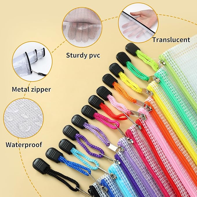 EOOUT 36pcs Pencil Pouch, Mesh Zipper Pouch Zipper Bags, 6x9 Inches Large Storage Bags for Organizing, 12 Colors Puzzle Bag Zipper File Bags for Office Supplies