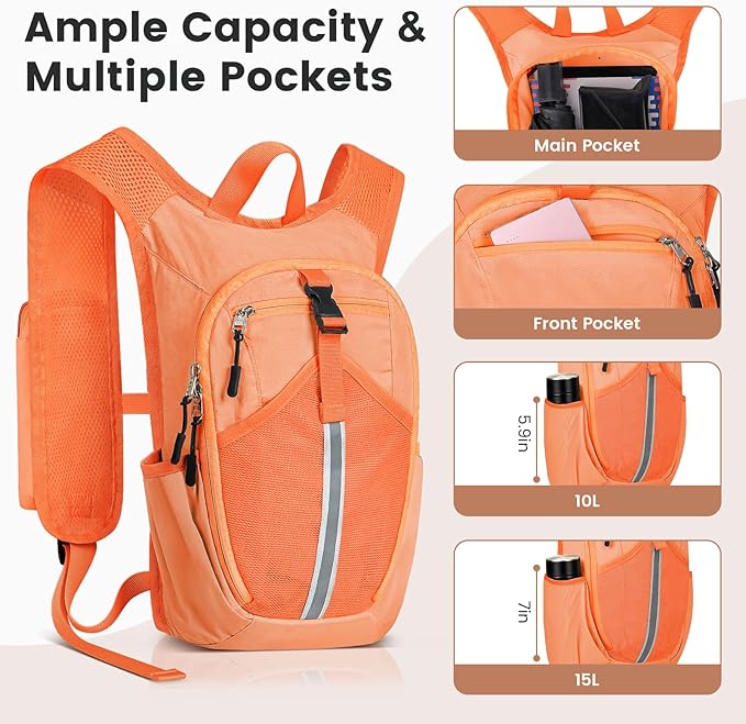 Small Hiking Backpack 10L-Lightweight Packable Foldable Backpack for Travel Camping Outdoor Commute,Compact Rucksack for Women Men(Orange)