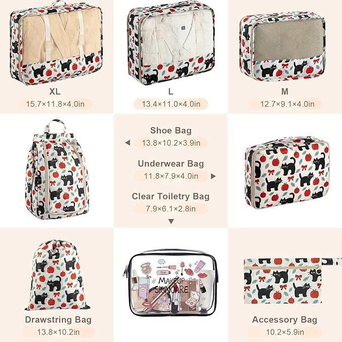 8 Set Packing Cubes for Travel with Clear Toiletry Bag, Durable Luggage Packing Organizers, Carry-On Accessories, TSA Approved See-Through Cubes, Space-Saving Storage Bags, Gifts for Women