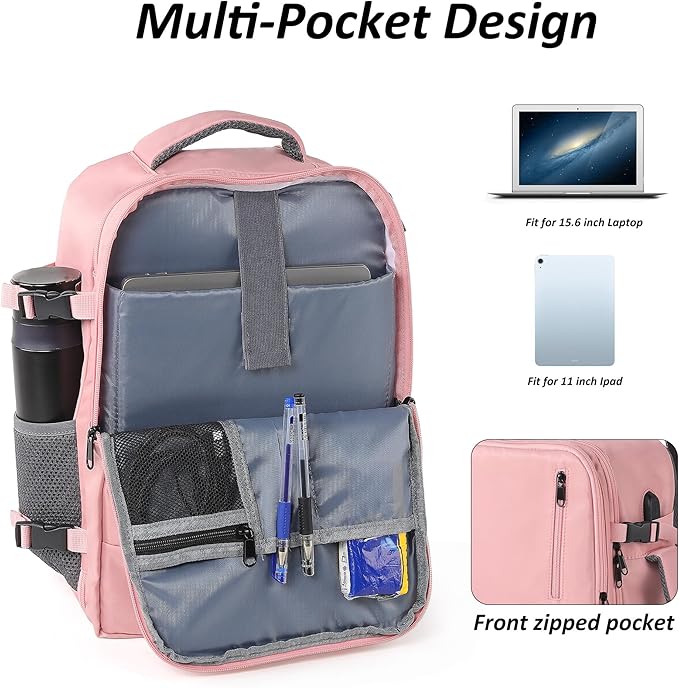 TANTOMI Small Travel Backpack for Women, 15.6 Inch Laptop Backpack Flight Approved, Carry-On Bags with USB Charging Port & Shoe Pouch, Casual Daypack on Airplane for Weekender Work Business, Pink