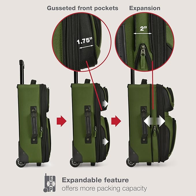U.S. Traveler Rio Lightweight Softside Rolling Carry-on Suitcase, 2-Wheel Set, Green
