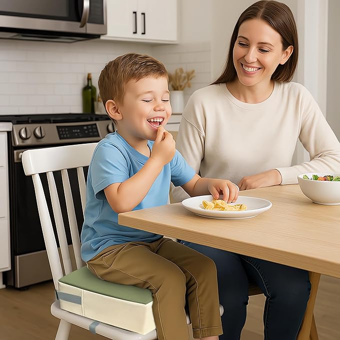 Toddler Booster Seat Dining Table Kitchen Chair, Waterproof Anti-Scratch PU Cushion, Non-Slip Bottom, Adjustable Buckle Straps, Easy Clean Portable Seat Cushion (Green)