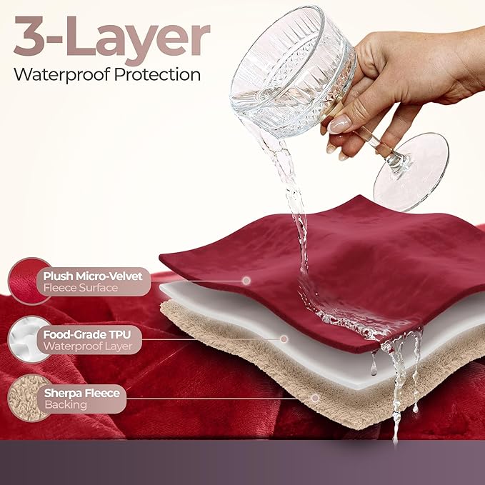 Sacred Weapon Waterproof Blanket for Bed – Dual Sherpa & Fleece Throw - Water Proof Blanket for Couch Absorbent Washable & Leak Proof – Soft & Premium Waterproof Comforter – Dark Red- 80'x50'