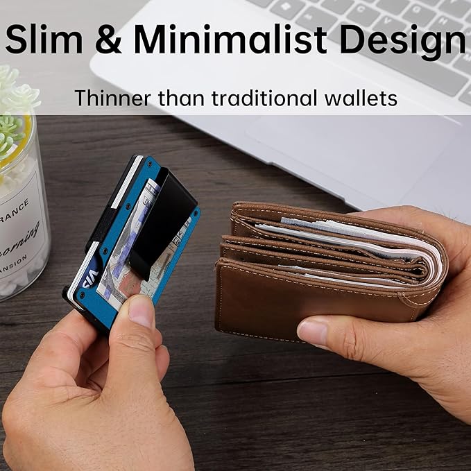 Minimalist Carbon Fiber Wallet for Men, Money Clip Cash Strap Wallet, RFID Blocking Metal Wallet Aluminum Card Holder,Front Pocket Wallet(Matte Blue)
