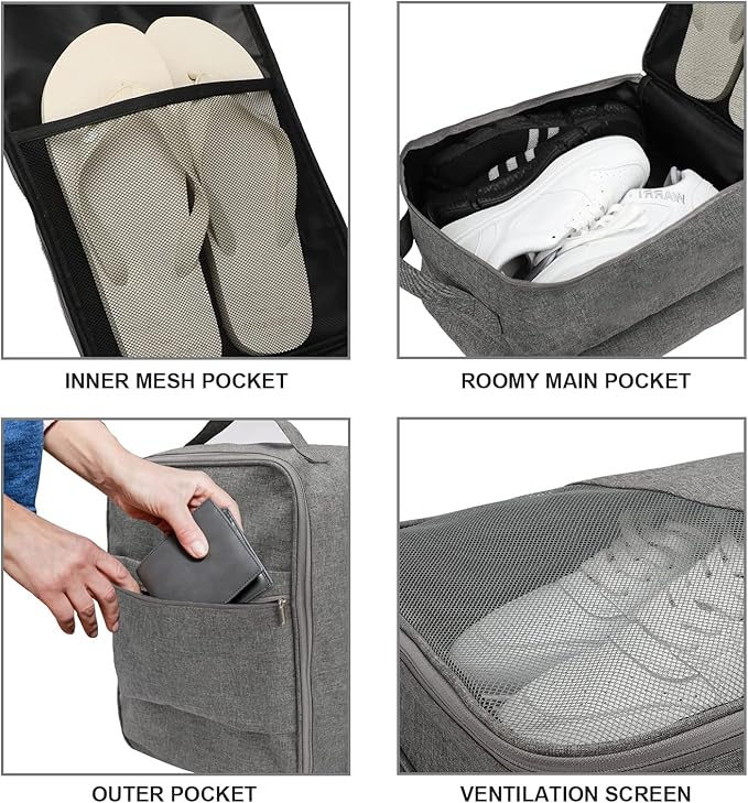 Emissary Shoe Bag Holds 3 Pair of Shoes for Travel, Large Waterproof Shoe Bags for Storage, Shoe Bags for Travel With Pocket, Sneaker Travel Bag for Women Men(Grey)