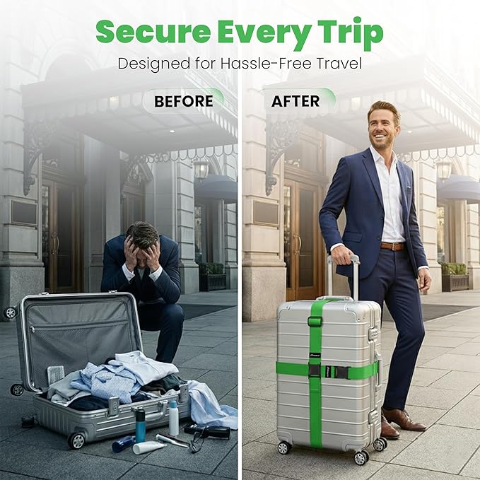 Luggage Straps for Suitcases, Adjustable Travel Suitcase Belts with Buckle Closure, Designed for Carry-On and Checked Luggage, Reusable Travel Accessory, Green - Pack of 4