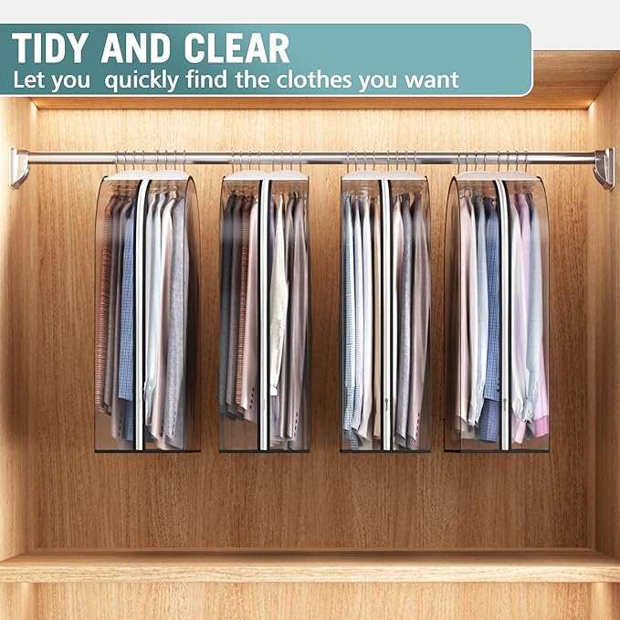 Liuoud Clear Garment Bag for Hanging Clothes 10” Gusseted, 32” Suit Bags for Open Closet Storage Plastic Clothes Cover for Coat, Dress, Shirts, Fur, Jacket, Wardrobe Protectors, 4 Pack