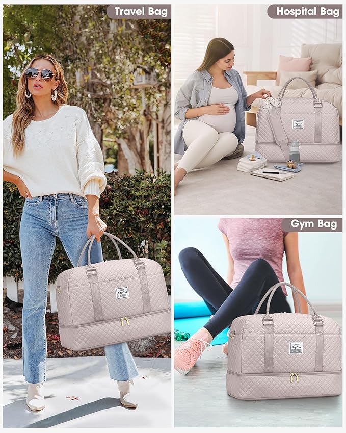 Weekender Travel Duffle Bag for Women: Overnight Bags with Shoe Compartment Carry on duffel Bag for Airplanes with 2 PCS Toiletry Bags Weekend Yoga Gym Hospital Bag with Wet Pocket Antiquewhite