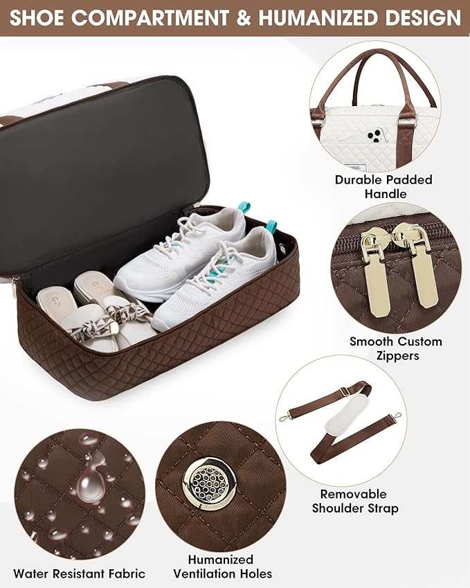 Weekender Travel Duffle Bag for Women: Overnight Bags with Shoe Compartment Carry on duffel Bag for Airplanes with 2 PCS Toiletry Bags Weekend Yoga Gym Hospital Bag with Wet Pocket Brown
