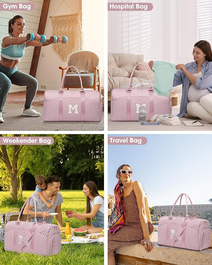 Women Weekender Travel Duffle Bag: Initial Duffel Overnight Bags with Shoe Compartment Large Carry on Tote with Toiletry Bag Weekend Traveling Yoga Gym Hospital Bag for Women with Wet Pocket Letter M