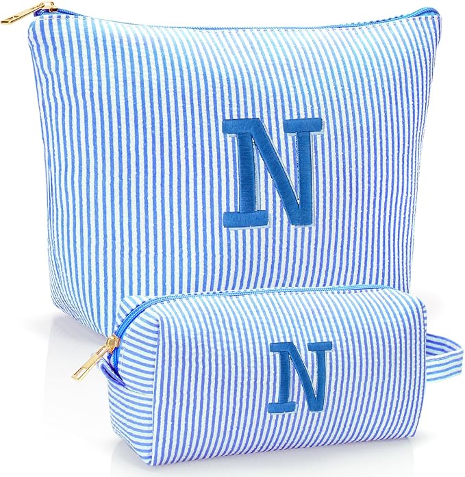 Personalized Initial Makeup Bag,Toiletry Travel Cosmetic Bag,Trendy Stuff for Teen Girls and Women,Holiday & Birthday Gift,2 Pack (N, Blue)
