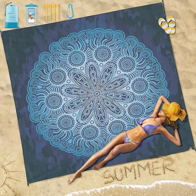 Famstar Beach Blanket Sandproof Waterproof 78''×81''1-5 Adults Oversized,Compact Lightweight Durable Beach Mat for Travel Camping Hiking Picnic Blanket