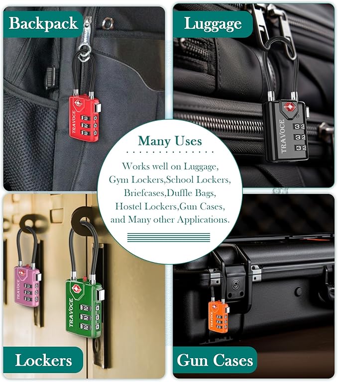Search Alert TSA Approved Travel Combination Luggage Cable Locks for Suitcase, Gym Locker,Toolbox,Backpack 1,2,4,6 &10 pk (Lime 4 Pack)