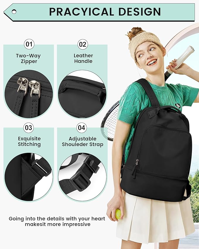 Gym Backpack for Women, Gym Bag with Shoe Compartment, Water Resistant Lightweight Sports Yoga Travel Backpack with Wet Pocket,Cheer Backpack,Black