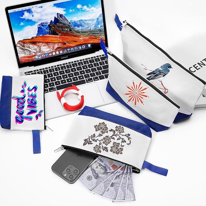 10 Pieces Cotton Canvas Makeup Bag with Bottom and Strap, Multi-Purpose Cosmetic Bag with Zipper Travel Toiletry Pouch, Blank DIY Craft Bag (White&Blue, L)