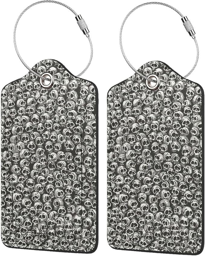 2 Pack Luggage Tags for suitcases Skull Skeleton TSA Approved Label Luggage Tag Baggage Tag Leather Stainless Steel Loop Label Tag for Men Women Travel Bag Suitcase