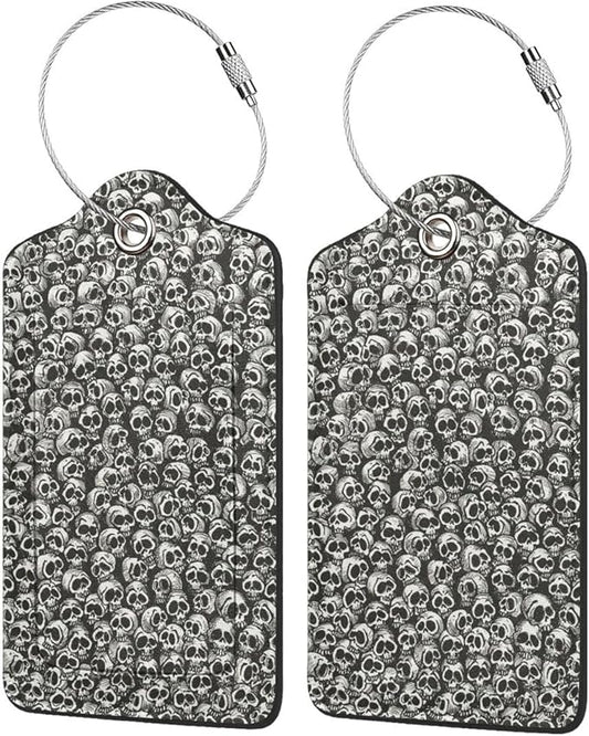 2 Pack Luggage Tags for suitcases Skull Skeleton TSA Approved Label Luggage Tag Baggage Tag Leather Stainless Steel Loop Label Tag for Men Women Travel Bag Suitcase