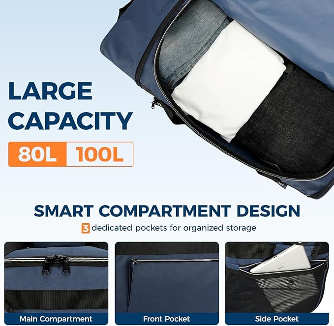 80L Foldable Rolling Duffle Bag with Wheels, 28” Large Duffle Bag for Travel, Carry On Luggage Duffel Bag for Traveling/Camping/Moving, Water Resistant, Blue