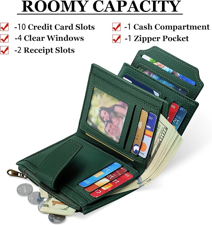 Airkit Small Wallet Women RFID Blocking Soft Leather Bifold Compact Card Holder Wallet for Women with Zipper Coin Pocket 4 ID Window