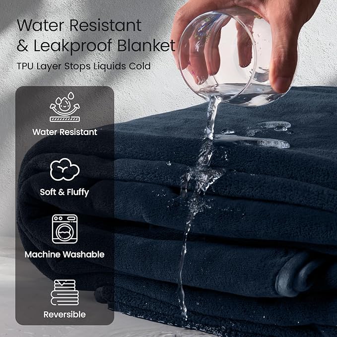 LOOBANI Waterproof Blanket for Bed: Reversible Leakproof Full/Queen Bed Blankets 80" x 90", Soft Flannel & Coral Fleece Bed Blanket Water Resistant for Couch Sofa Cover, Movie Time, Camping, Blue