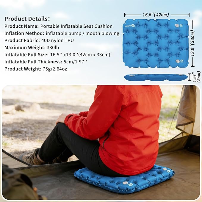 Inflatable Seat Cushion, Lightweight Camping Air Sitting Pad with Repair Cloths, Waterproof Air Cushion, Portable Air Seat Cushion for Climbing Hiking Office Airplane Car Stadium Seat