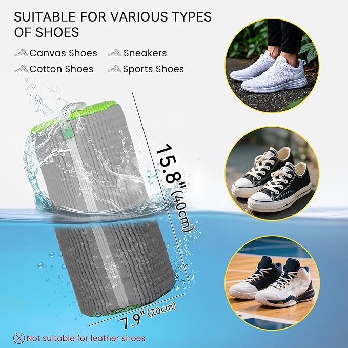 1pc Shoe Washing Machine Bag, Sneaker Laundry Bag for Washing Machine, Extra Long and Thick Microfibre Fluff, Reusable for Washer and Dryer (1pc, Greyish Green)